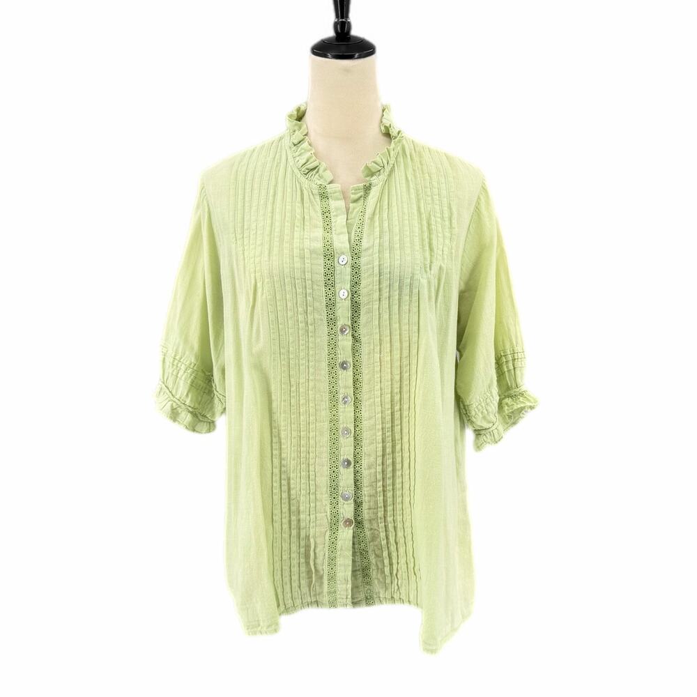JP and Mattie Light Green Button Pleated Ruffle 100% Cotton Short Sleeve Blouse